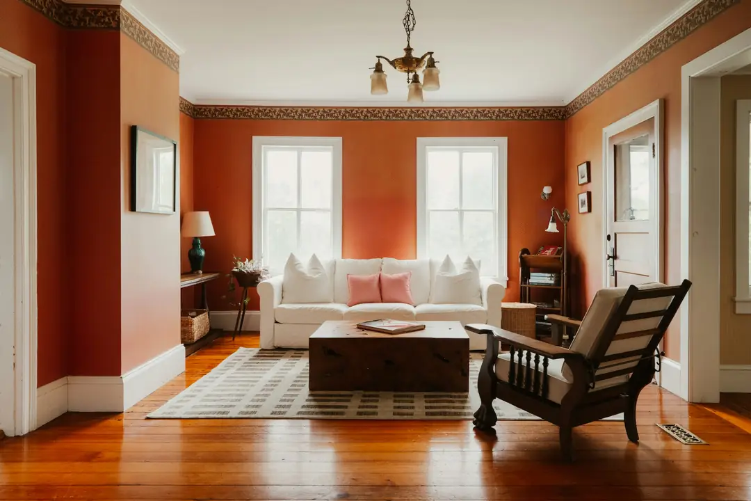 Soggiorno con pareti tinteggiate color terracotta